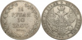 Poland XlX w. / Russia. 1 1/2Rubel (Rouble) = 10 zlotych 1836 MW, Warsaw

Aw.: Dwugłowy orzeł rosyjski pod carską koroną z małą tarczą z orłem polsk...