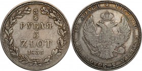 Poland XIX w./Russia. Nicholas I. 3/4Rubel (Rouble) = 5 zlotych 1835 MW, Warsaw

Aw.: Dwugłowy orzeł rosyjski pod cesarską koroną z małą tarczą z or...