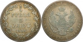 Poland XIX w./Russia. Nicholas I. 3/4Rubel (Rouble) = 5 zlotych 1836 MW, Warsaw

Aw.: Dwugłowy orzeł rosyjski pod cesarską koroną, z mieczem i jabłk...