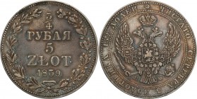 Poland XIX w./Russia. Nicholas I. 3/4Rubel (Rouble) = 5 zlotych 1839 MW, Warsaw

Aw.: Dwugłowy orzeł rosyjski pod cesarską koroną, z mieczem i jabłk...