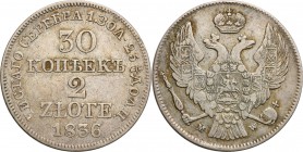 Poland XIX w. 30 Kopek (kopeck) = 2 zlote 1836 MW, Warsaw

Aw.: Dwugłowy orzeł rosyjski pod cesarską koroną, z mieczem i jabłkiem królewskim w szpon...