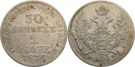 Poland XIX w. 30 Kopek (kopeck) = 2 zlote 1836 MW, Warsaw

Aw.: Dwugłowy orzeł rosyjski pod cesarską koroną, z mieczem i jabłkiem królewskim w szpon...