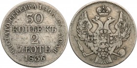 Poland XIX w. 30 Kopek (kopeck) = 2 zlote 1836 MW, Warsaw

Aw.: Dwugłowy orzeł rosyjski pod cesarską koroną, z mieczem i jabłkiem królewskim w szpon...