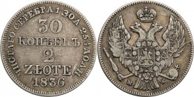 Poland XIX w. 30 Kopek (kopeck) = 2 zlote 1836 MW, Warsaw

Aw.: Dwugłowy orzeł rosyjski pod cesarską koroną, z mieczem i jabłkiem królewskim w szpon...