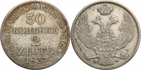 Poland XIX w. 30 Kopek (kopeck) = 2 zlote 1837 MW, Warsaw

Aw.: Dwugłowy orzeł rosyjski pod cesarską koroną, z mieczem i jabłkiem królewskim w szpon...