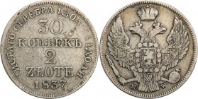 Poland XIX w. 30 Kopek (kopeck) = 2 zlote 1837 MW, Warsaw

Aw.: Dwugłowy orzeł rosyjski pod cesarską koroną, z mieczem i jabłkiem królewskim w szpon...