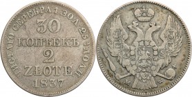 Poland XIX w. 30 Kopek (kopeck) = 2 zlote 1837 MW, Warsaw

Aw.: Dwugłowy orzeł rosyjski pod cesarską koroną, z mieczem i jabłkiem królewskim w szpon...
