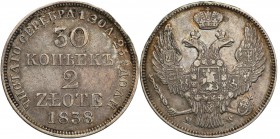 Poland XIX w. 30 Kopek (kopeck) = 2 zlote 1838 MW, Warsaw

Aw.:&nbsp;Dwugłowy orzeł rosyjski pod cesarską koroną, z mieczem i jabłkiem królewskim w ...