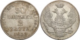 Poland XlX w. / Russia. 30 Kopek (kopeck) = 2 zlote 1839 MW, Warsaw

Aw.: Dwugłowy orzeł rosyjski pod cesarską koroną, z mieczem i jabłkiem królewsk...
