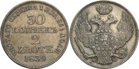 Poland XlX w. / Russia. 30 Kopek (kopeck) = 2 zlote 1839 MW, Warsaw

Aw.: Dwugłowy orzeł rosyjski pod cesarską koroną, z mieczem i jabłkiem królewsk...