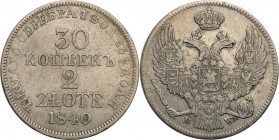 Poland XIX w./Russia. Nicholas I. 30 Kopek (kopeck) = 2 zlote 1840 MW, Warsaw

Aw.: Dwugłowy orzeł rosyjski pod cesarską koroną, z mieczem i jabłkie...