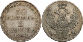 Poland XIX w./Russia. Nicholas I. 30 Kopek (kopeck) = 2 zlote 1840 MW, Warsaw

Aw.: Dwugłowy orzeł rosyjski pod cesarską koroną, z mieczem i jabłkie...