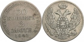 Poland XIX w./Russia. Nicholas I. 30 Kopek (kopeck) = 2 zlote 1841 MW, Warsaw

Aw.: Dwugłowy orzeł rosyjski pod cesarską koroną, z mieczem i jabłkie...