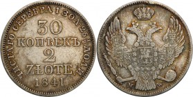 Poland XIX w./Russia. Nicholas I. 30 Kopek (kopeck) = 2 zlote 1841 MW, Warsaw

Aw.: Dwugłowy orzeł rosyjski pod cesarską koroną, z mieczem i jabłkie...