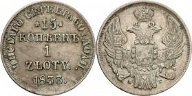 Poland XIX w./Russia. 15 Kopek (kopeck) = 1 zloty 1833 Н-Г, Sankt Petersburg

Aw.: Dwugłowy orzeł rosyjski pod carską koroną z małą tarczą z orłem p...