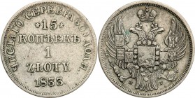Poland XIX w./Russia. 15 Kopek (kopeck) = 1 zloty 1833 Н-Г, Sankt Petersburg

Aw.: Dwugłowy orzeł rosyjski pod carską koroną z małą tarczą z orłem p...