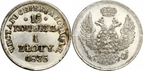Poland XlX w. / Russia. 15 Kopek (kopeck) = 1 zloty 1835 MW, Warsaw

Aw.: Dwugłowy orzeł rosyjski pod carską koroną z małą tarczą z orłem polskim na...