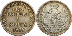 Poland XlX w. / Russia. 15 Kopek (kopeck) = 1 zloty 1835 MW, Warsaw

Aw.: Dwugłowy orzeł rosyjski pod carską koroną z małą tarczą z orłem polskim na...