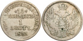 Poland XlX w. / Russia. 15 Kopek (kopeck) = 1 zloty 1835 MW, Warsaw

Aw.: Dwugłowy orzeł rosyjski pod carską koroną z małą tarczą z orłem polskim na...