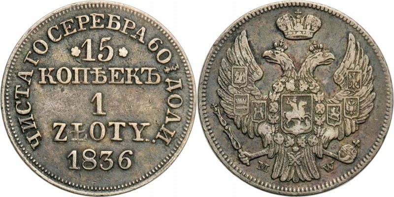 Poland XlX w. / Russia. 15 Kopek (kopeck) = 1 zloty 1836 MW, Warsaw

Aw.: Dwug...