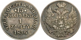 Poland XlX w. / Russia. 15 Kopek (kopeck) = 1 zloty 1836 MW, Warsaw

Aw.: Dwugłowy orzeł rosyjski pod carską koroną z małą tarczą z orłem polskim na...