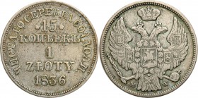 Poland XlX w. / Russia. 15 Kopek (kopeck) = 1 zloty 1836 MW, Warsaw

Aw.: Dwugłowy orzeł rosyjski pod carską koroną z małą tarczą z orłem polskim na...