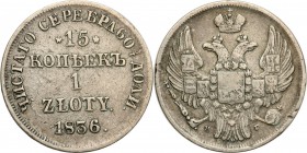 Poland XlX w. / Russia. 15 Kopek (kopeck) = 1 zloty 1836 NG, Petersburg

Aw.: Dwugłowy orzeł rosyjski pod carską koroną z małą tarczą z orłem polski...