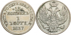 Poland XlX w. / Russia. 15 Kopek (kopeck) = 1 zloty 1837 MW, Warsaw

Aw.: Dwugłowy orzeł rosyjski pod carską koroną z małą tarczą z orłem polskim na...