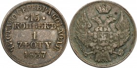 Poland XlX w. / Russia. 15 Kopek (kopeck) = 1 zloty 1837 MW, Warsaw

Aw.: Dwugłowy orzeł rosyjski pod carską koroną z małą tarczą z orłem polskim na...