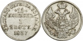 Poland XlX w. / Russia. 15 Kopek (kopeck) = 1 zloty 1837 MW, Warsaw

Aw.: Dwugłowy orzeł rosyjski pod carską koroną z małą tarczą z orłem polskim na...
