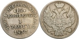 Poland XlX w. / Russia. 15 Kopek (kopeck) = 1 zloty 1837 MW, Warsaw

Aw.: Dwugłowy orzeł rosyjski pod carską koroną z małą tarczą z orłem polskim na...