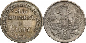Poland XlX w. / Russia. 15 Kopek (kopeck) = 1 zloty 1838 NG, Petersburg

Aw.: Dwugłowy orzeł rosyjski pod carską koroną z małą tarczą z orłem polski...