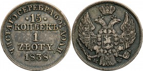 Poland XlX w. / Russia. 15 Kopek (kopeck) = 1 zloty 1838 MW, Warsaw

Aw.: Dwugłowy orzeł rosyjski pod carską koroną z małą tarczą z orłem polskim na...