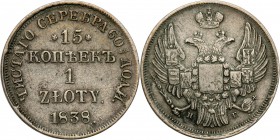 Poland XlX w. / Russia. 15 Kopek (kopeck) = 1 zloty 1838 NG, Petersburg

Aw.: Dwugłowy orzeł rosyjski pod carską koroną z małą tarczą z orłem polski...