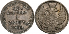 Poland XlX w. / Russia. 15 Kopek (kopeck) = 1 zloty 1839 MW, Warsaw

Aw.: Dwugłowy orzeł rosyjski pod carską koroną z małą tarczą z orłem polskim na...