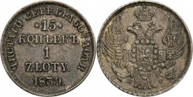 Poland XlX w./Russia. 15 Kopek (kopeck) = 1 zloty 1839 НГ, Petersburg

Aw.: Dwugłowy orzeł rosyjski pod carską koroną z małą tarczą z orłem polskim ...