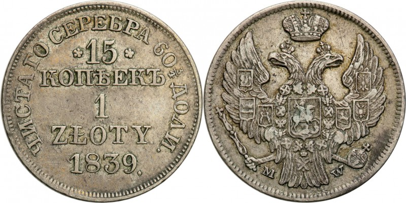 Poland XlX w. / Russia. 15 Kopek (kopeck) = 1 zloty 1839 MW, Warsaw

Aw.: Dwug...