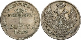 Poland XlX w. / Russia. 15 Kopek (kopeck) = 1 zloty 1839 MW, Warsaw

Aw.: Dwugłowy orzeł rosyjski pod carską koroną z małą tarczą z orłem polskim na...