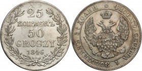 Poland XIX w./Russia. Nicholas I. 25 Kopek (kopeck) = 50 groszy 1846 MW, Warsaw

Aw.: Dwugłowy orzeł rosyjski pod cesarską koroną, z mieczem i jabłk...