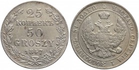 Poland XIX w. / Russia. Nicholas I. 25 Kopek (kopeck) = 50 groszy 1847 MW, Warsaw

Aw.: Dwugłowy orzeł rosyjski pod carską koroną z małą tarczą z or...
