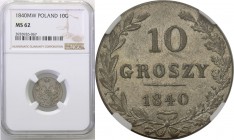 Poland XIX w./Russia. 10 groszy 1840 MW, Warsaw NGC MS62

Piękny egzemplarz, połysk menniczy i wspaniale zachowane detale. Delikatna patyna. Rzadsza...
