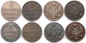 Poland XlX w. / Russia. 3 Grosze Polskie (Trojak) 1830-1839, Warsaw set of 4 pieces

Patyna. Roczniki 1833-1839
Waga/Weight: Metal: Średnica/diamet...