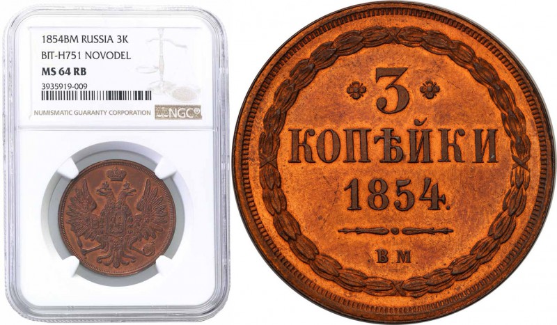 Poland XlX w. / Russia. Nicholas I. 3 Kopek (kopeck) 1854 BM, Warsaw NGC MS64 RB...