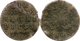 Russia, Elizabeth. coinsy bite for Prussia, Grosz 1760, Konigsberg

Niezmiernie rzadki nominał.Lekko gięty egzemplarz, ale w pełni czytelny. Patyna....