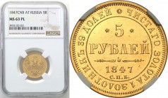 Russia. Nicholas l. 5 Rubel (Rouble) 1847 СПБ АГ, Petersburg NGC MS63 PL

Wyśmienicie zachowana moneta ze świeżego stempla o prezencji lustrzanki. I...