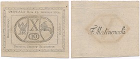 Banknote. Kociuszko Insurrection 10 groszy 1794

Bardzo ładnie zachowany egzemplarz. Załamanie na górnym marginesie na stronie odwrotnej.Lucow 40 (R...