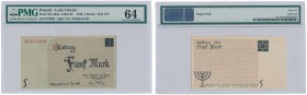 Banknote. Ghetto of Lodz. Banknote 5 mark 1940 PMG 64 EPQ

5 marek 1940. Późna emisja, numerator typu I. Banknot w gradingu PMG z notą 64.Wyśmienici...