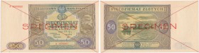 Banknote. 50 zlotych 1946 seria A SPECIMEN

Seria A, numeracja 1234567/8900000 . Obustronnie dwukrotne przekreślenie i&nbsp; nadruk SPECIMEN.Wyśmien...