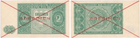 Banknote. 2 zlote 1946 SPECIMEN

Brak oznaczeń serii i numeracji. Obustronnie dwukrotne przekreślenie i&nbsp; nadruk SPECIMENBanknot rzadko spotykan...
