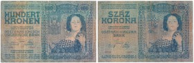 Banknote. Austria. Oesterreichisch-Ungarische Bank, 100 kronen, Vienna

Seria 1014, numeracja 1001.Liczne złamania, wiotki papier, ale bez ubytków. ...